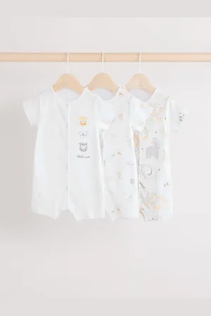 Next White Safari Baby Rompers 3 Pack (0mths-2yrs) Up to 1 Month (56cm)