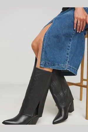 Simply Be Black Embroidered Cuff Western Boots In Extra Wide Fit AU 10 (EU 42)
