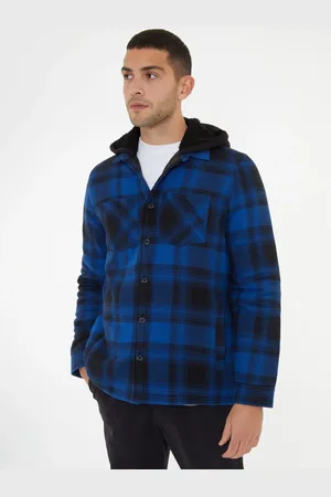 Threadbare Blue Check Shacket with Borg Lined Hoodie S