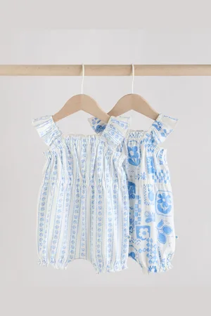 Next Blue Floral Print 100% Cotton Baby Rompers 2 Pack 12