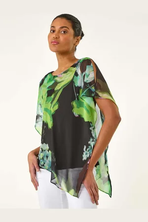 Roman Green Floral Print Asymmetric Overlay Top AU 16