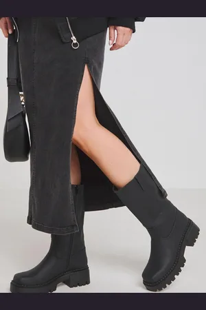 Simply Be Black Extra Wide Fit Chunky Biker Boots in Wide Fit Curvy Calf AU 6 (EU 37)