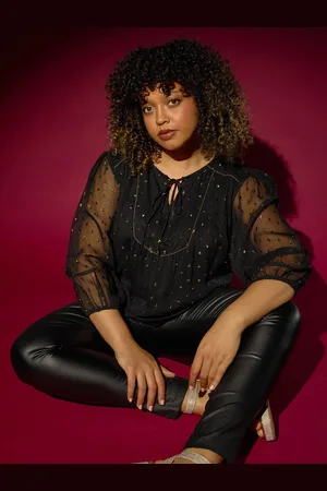 Roman Black Curve Tie Neck Metallic Top AU 20