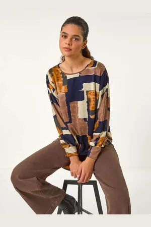 Roman Brown/Blue Abstract Print Constrast Hem Stretch Top AU 20