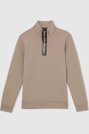 Reiss Taupe Brown Hale Leather-Placket Interlock Sweatshirt XL