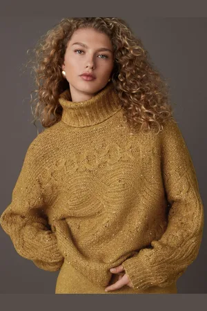 Next Yellow Mustard Co-ord Neppy High Roll Neck Knitted Jumper with Wool XS Reg
