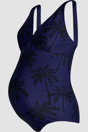 JoJo Maman Bébé Navy Maternity Palm Tree V-Neck Swimsuit S