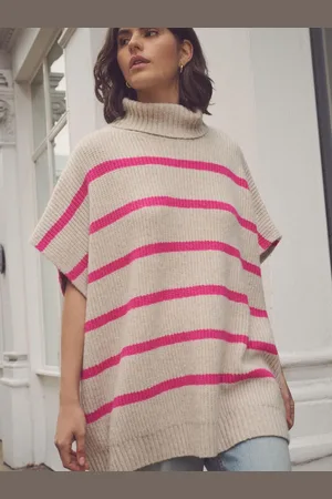 Next Ecru/Pink Stripe Roll Neck Knitted Containing Alpacca Wool Poncho M-L