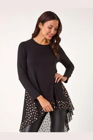 Roman Black Foil Spot Print Chiffon Hem Top AU 12
