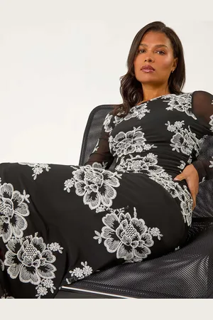 Roman Floral Print Lace Mesh Midi Dress AU 14