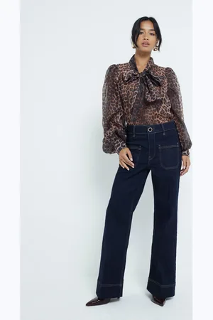 River Island Blue Dark High Waisted Pocket Front Wide Leg Jeans AU 8 XS