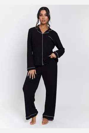 Loungeable Black Rib Long Sleeve Traditional Shirt and Long Pyjamas L