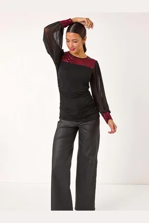 Roman Red Sequin Yoke Mesh Sleeve Top AU 18