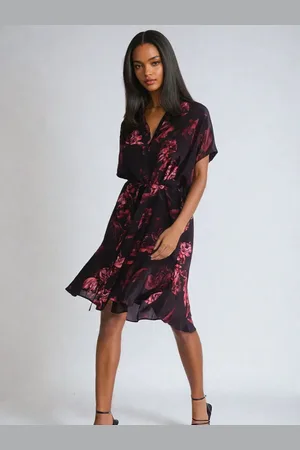 Religion Fade Tunic Dress With Tie Waist And Frill Hem In Dark Floral AU 12
