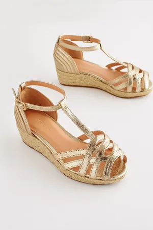 Next Gold Metallic Woven Wedge Ankle Strap Sandals AU 12 (EU 30.5)