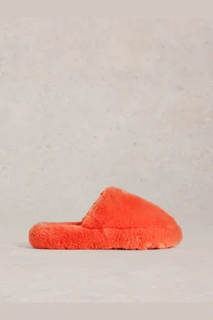 White Stuff Red Faux Fur Mule Slippers L