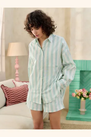 Bath & Body Works Green/Ecru Long Sleeve Shirt Stripe Co-ord 100% Cotton Shorts AU 18 R