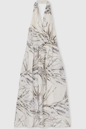Reiss Carla Petite Linen Palm Print Halterneck Midi Dress 10