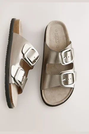 Next Silver Metallic Leather Standard Fit Forever Comfort Double Strap Footbed Sandals AU 5.5 (EU 36)