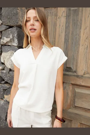 Threadbare White Open Collar Linen Blend Blouses AU 14