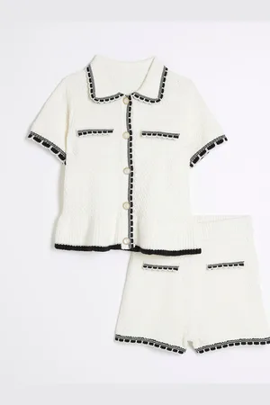 River Island Cream Girls Textured Tipped Polo Top And Short Set 7