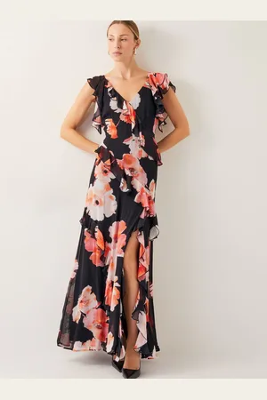 Monsoon Carrie Floral Print Ruffle Chiffon Maxi Dress AU 16