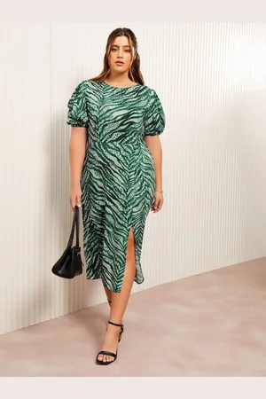 Friends Like These Curve Leopard Print Ruched Puff Sleeve Front Split Midi Dress AU 26