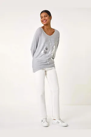 Roman Grey Foil Flower Print Tunic Top S