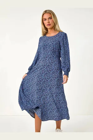 Roman Petite Print Shirred Cuff Midi Dress AU 14