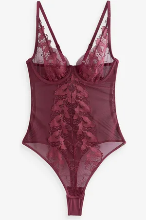 Lipsy London Plum Purple Placement Lace Thong Back Bodysuit 34 C