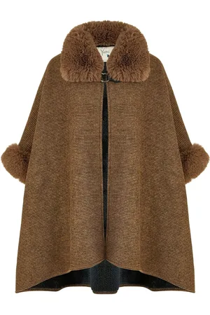 Yumi Brown Ponchos With Luxe Faux Fur Trim And Lining S-M