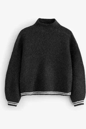 Benetton High Neck Black Sweater In Fishermans Rib With Contrasting Edges 6