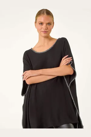 Roman Black Blanket Stitch Knit Poncho S-M