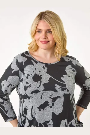 Roman Grey Curve Floral Print Pocket Tunic Top AU 20
