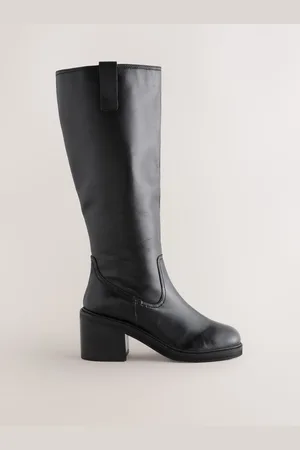 Next Black Leather Forever Comfort Square Toe Chunky Knee High Boots AU 9 (EU 41)