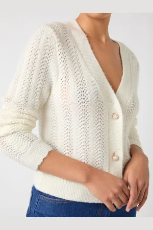 LK Bennett Cream Elodie Wool Blend Stitch Detail V-Neck Fluffy Cardigan M