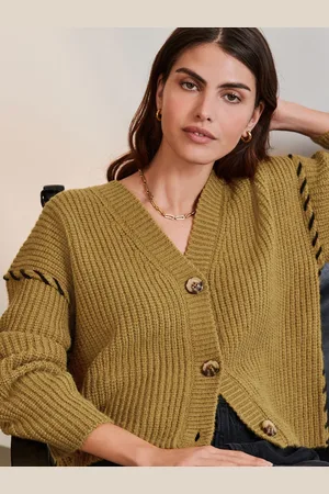 Next Green Olive Contrast Stitch Button Up V-Neck Cardigan S Reg