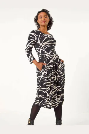 Roman Petite Linear Print Button Stretch Midi Dress AU 14