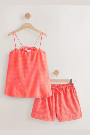 Next Fluro Pink 100% Cotton Gingham Cami Short Set Pyjamas AU 16