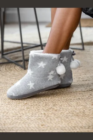 Pour Moi Grey Star Knit Faux Fur Lined Bootie Slippers 5-6