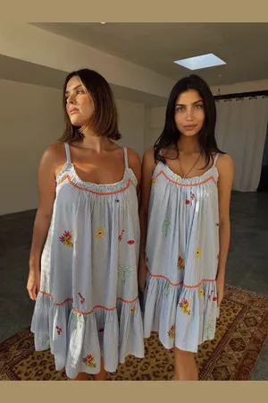 Never Fully Dressed Blue Seersucker Embroidered 100% Cotton Slip Dress 16
