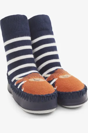 JoJo Maman Bébé Navy Blue Ecru Cream Stripe Moccasin Slipper Socks 2