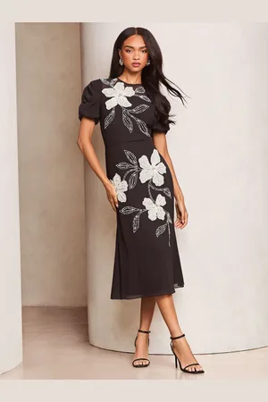 Lipsy London Petite Embroidered Floral Artwork Fit And Flare Premium Midi Occasion Dress AU 6