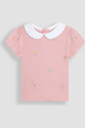 JoJo Maman Bébé Pink Bunny Floral Embroidered Peter Pan Collar T-Shirt 2