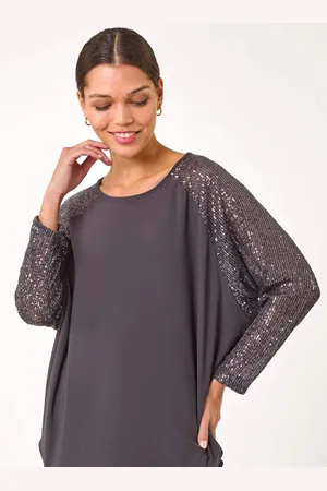 Roman Grey Sequin Sleeve Tunic Stretch Top AU 14