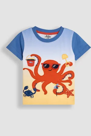 JoJo Maman Bébé Blue Octopus Interactive Appliqué 100% Cotton T-Shirt 6