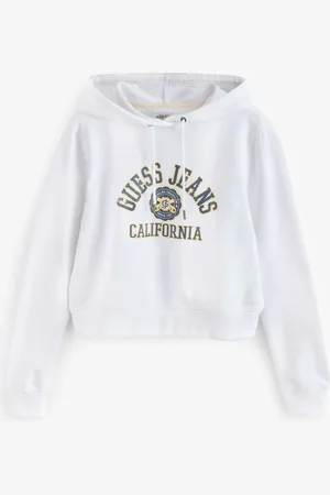 Guess White 100% Cotton Varsity Logo Cropped Hoodie XL