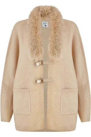 Yumi Natural Cardigan With Detachable Faux Fur Collar Trim S-M