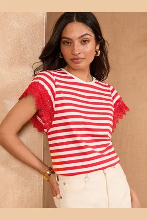 Love & Roses White and Red Stripe Lace Sleeve T-Shirt AU 16