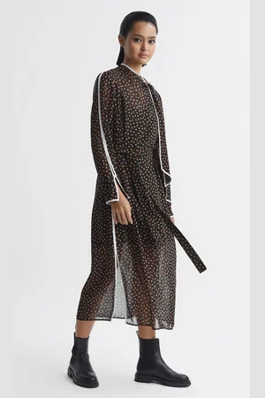 Reiss Aria Polka Dot Tie Neck Midi Dress AU 8